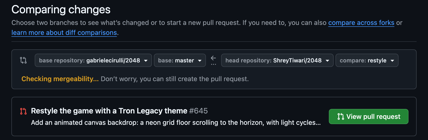 GitHub's compare page, with the base repository set to the original project