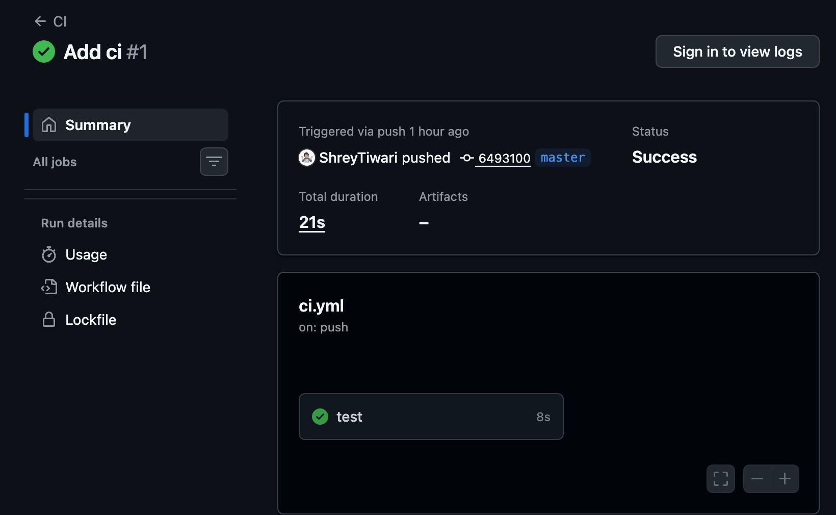 A passing CI run on GitHub Actions