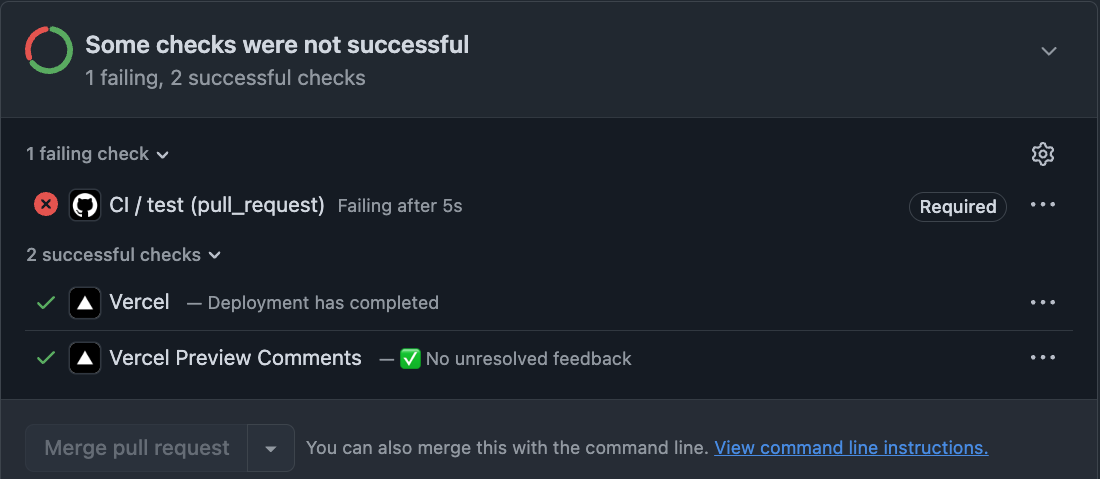 A pull request with a failing test check and a blocked merge