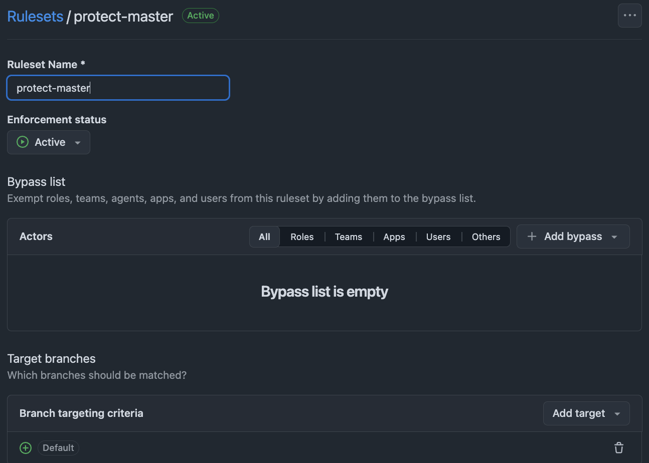 The protect-master ruleset in GitHub's settings: active, with an empty bypass list, targeting the default branch