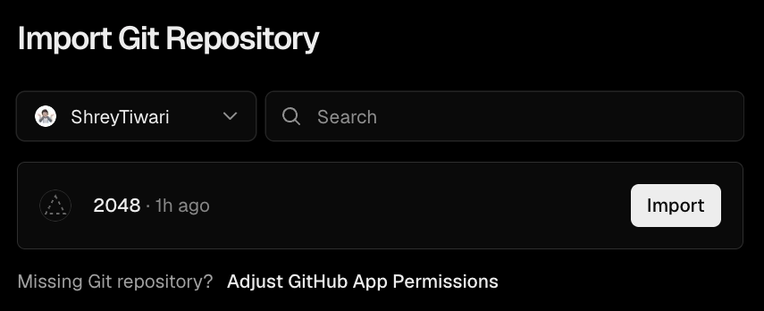 Vercel's Import Git Repository page